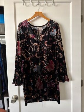 Wild Pearl Black Velvet Floral Mini Dress with Pink & Blue Accents